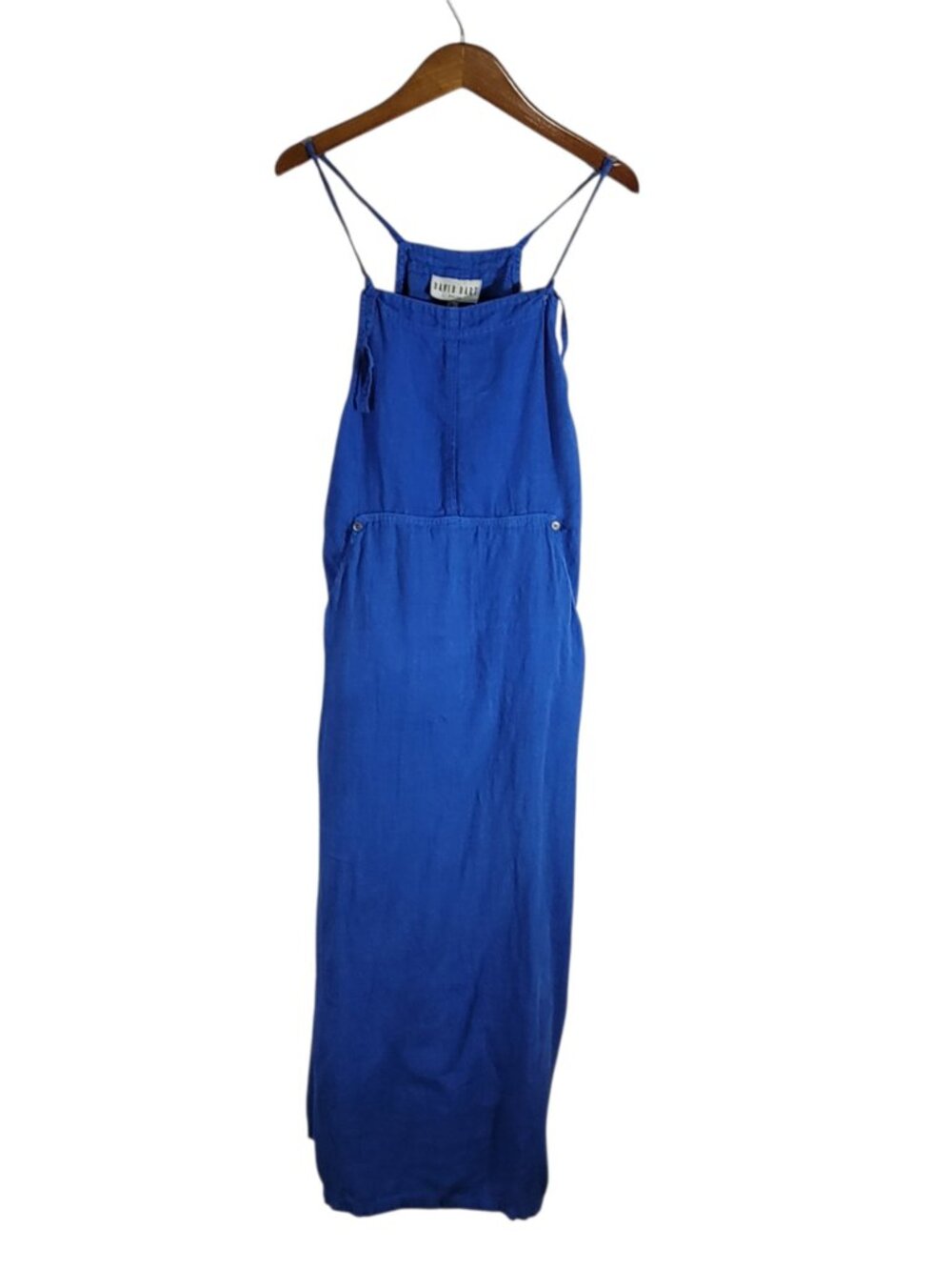 David Dart Overall Midi Dress Womens Large 100% Linen Blue Pocket Vintage USA